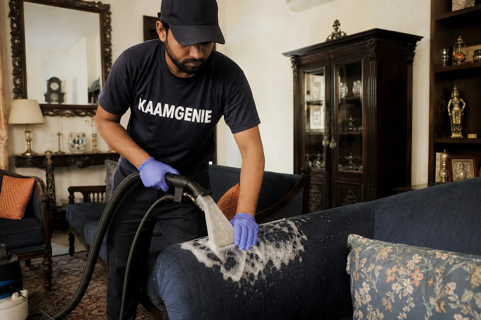 KaamGenie crew cleaning a fabric sofa at a Defence Colony home in Delhi