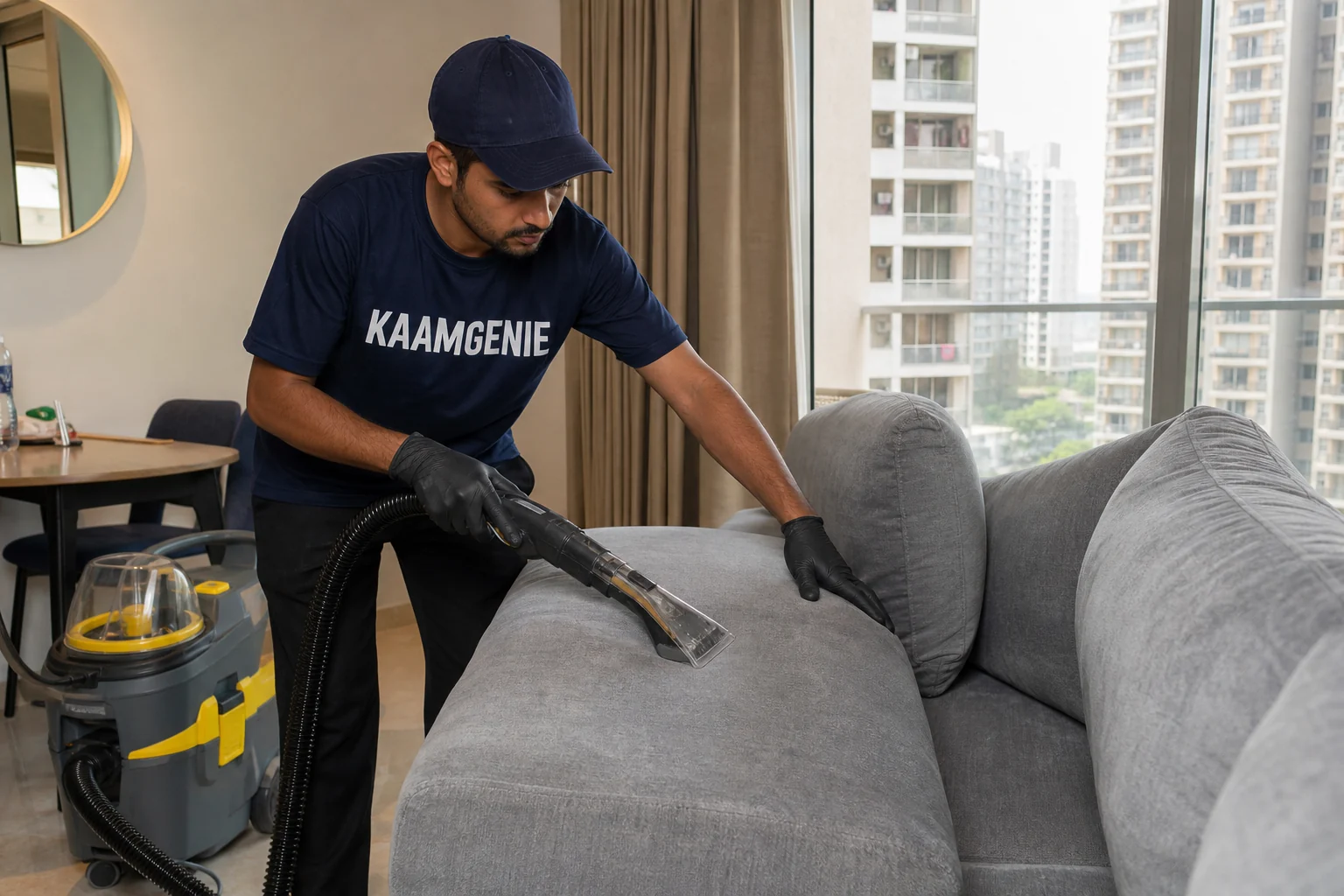 KaamGenie crew cleaning a fabric sofa at a Dwarka home in Delhi