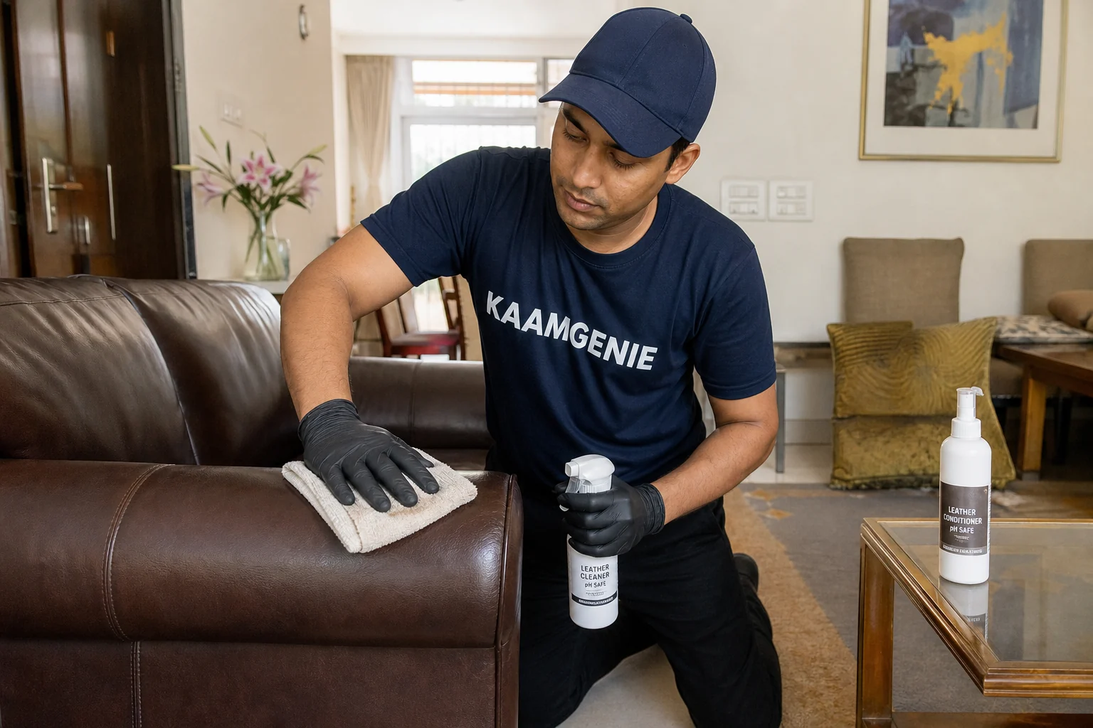 KaamGenie crew cleaning a fabric sofa at a Greater Kailash home in Delhi