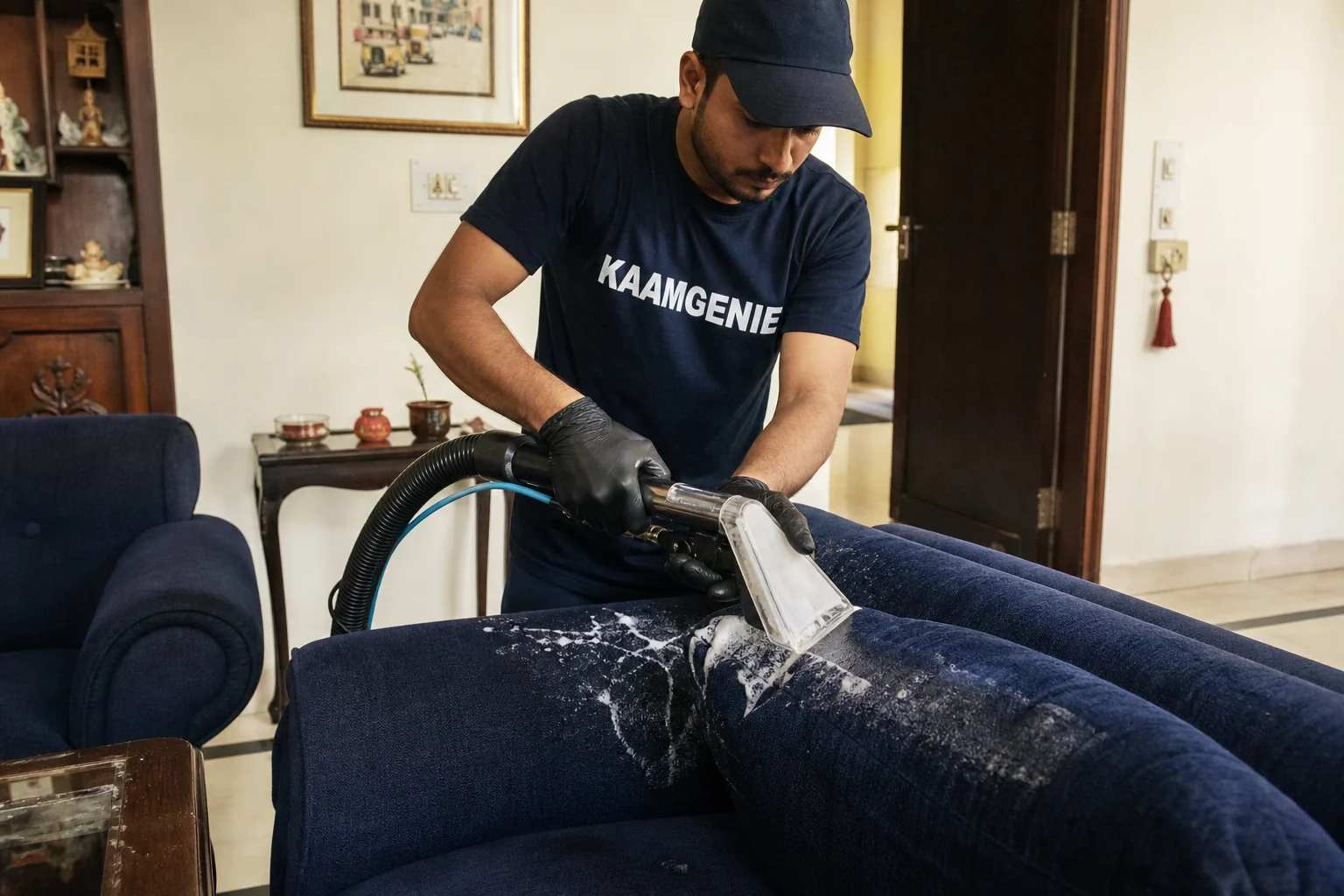 KaamGenie crew cleaning a fabric sofa at a Green Park home in Delhi