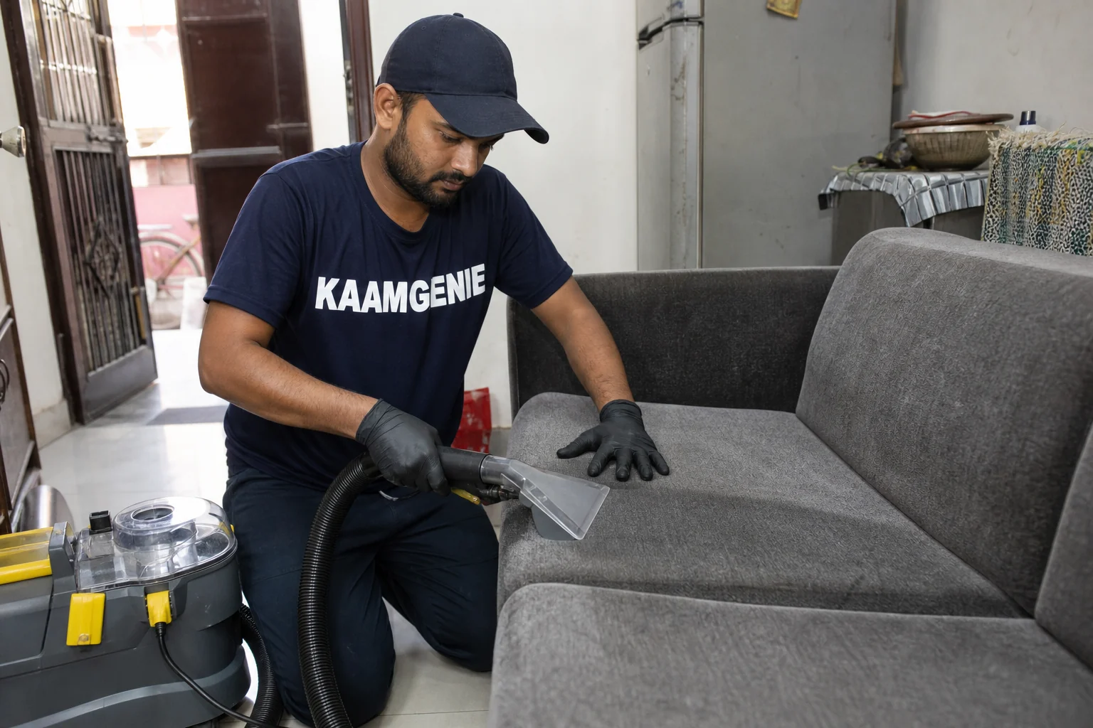 KaamGenie crew cleaning a fabric sofa at a Hauz Khas home in Delhi