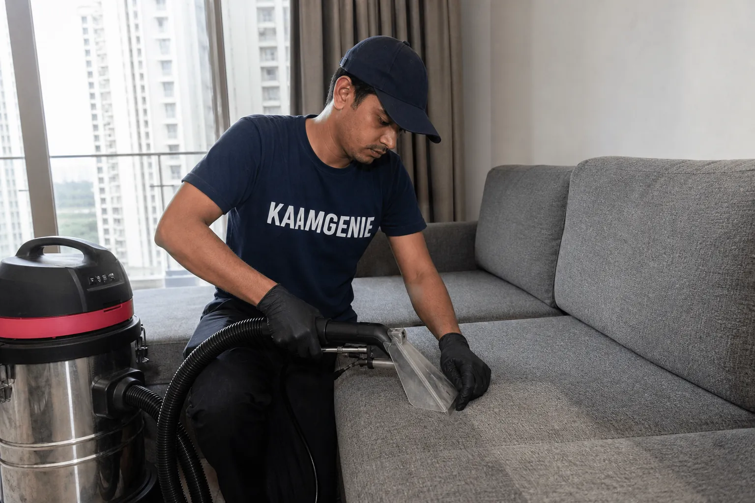 KaamGenie crew cleaning a fabric sofa at a Mayur Vihar home in Delhi
