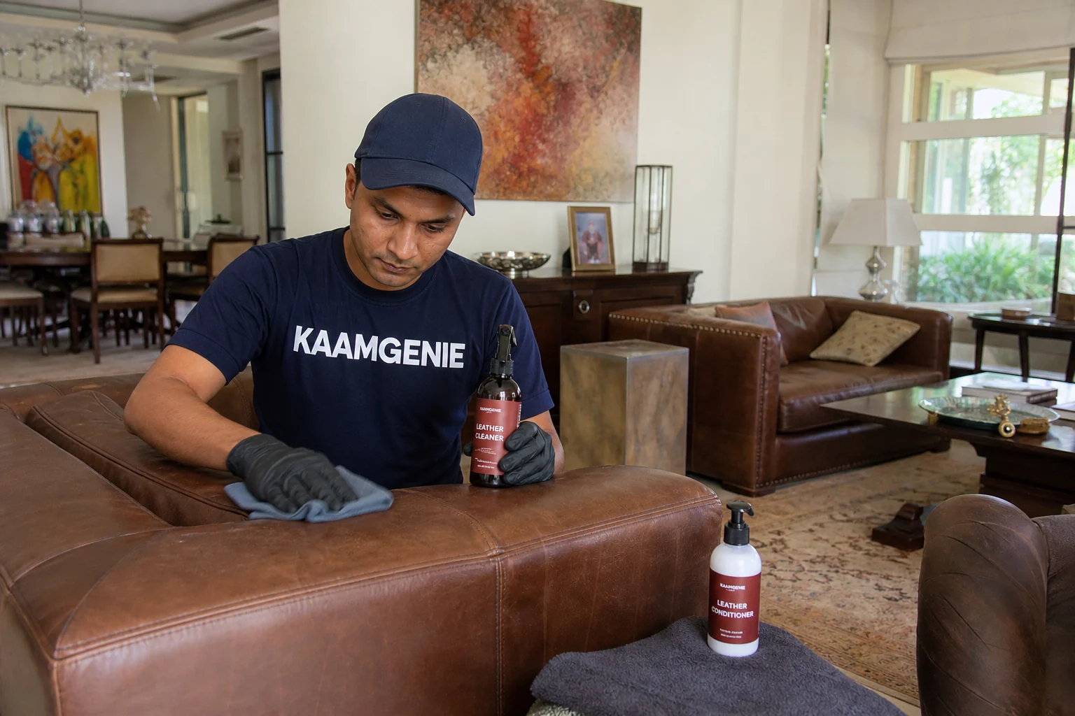 KaamGenie crew cleaning a fabric sofa at a New Friends Colony home in Delhi