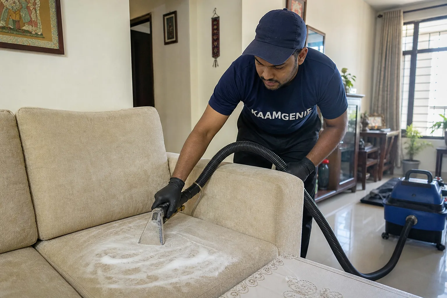 KaamGenie crew cleaning a fabric sofa at a Pitampura home in Delhi