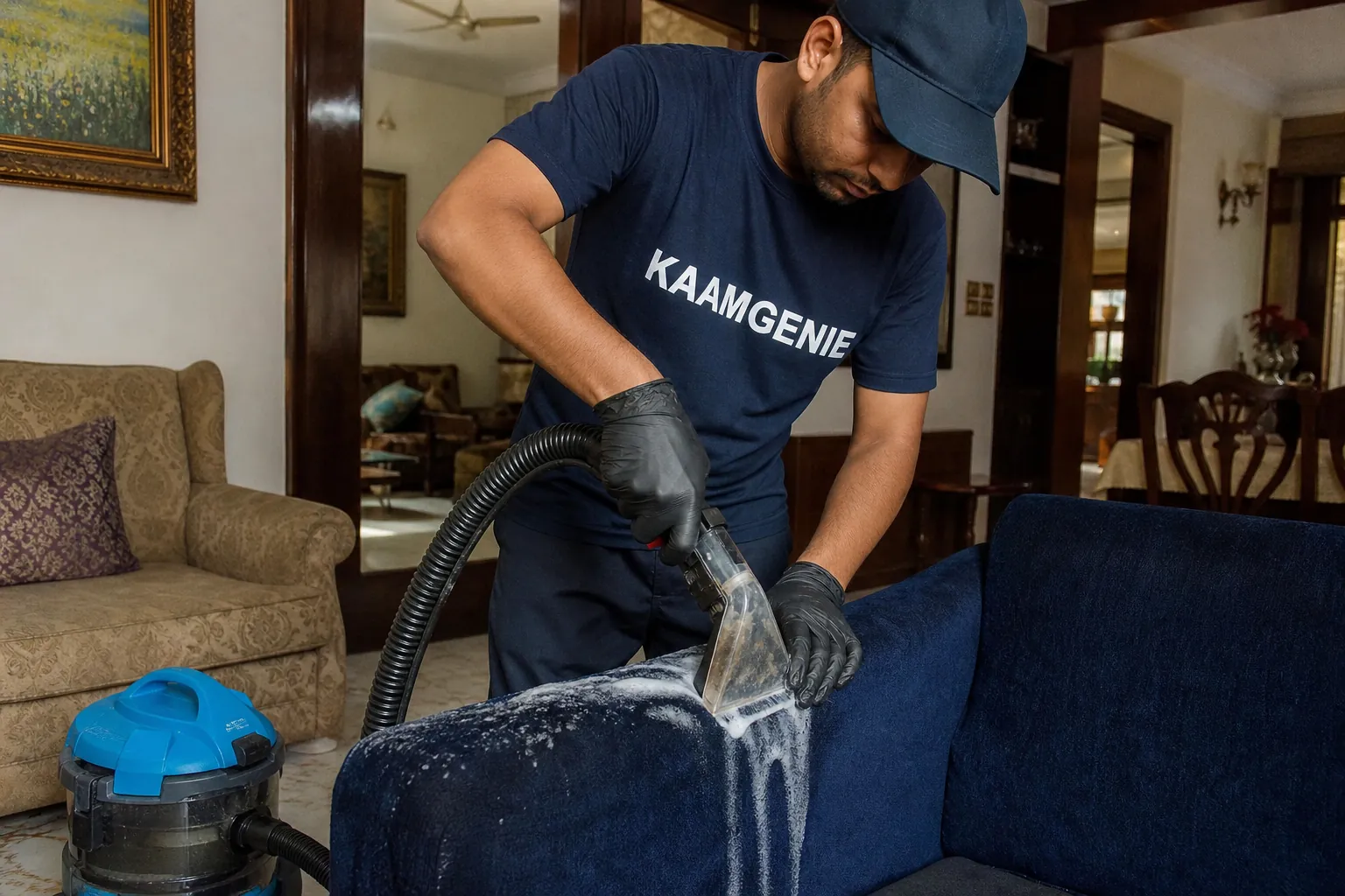 KaamGenie crew cleaning a fabric sofa at a Preet Vihar home in Delhi