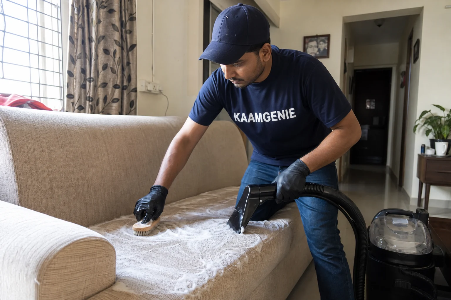 KaamGenie crew cleaning a fabric sofa at a Rohini home in Delhi