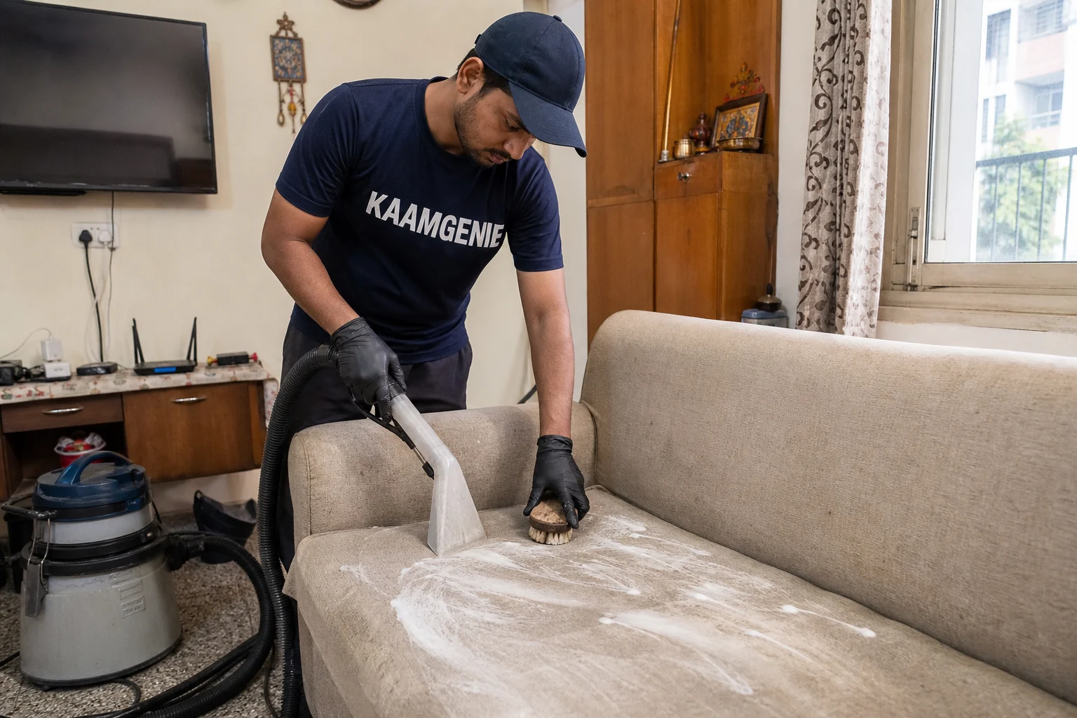 KaamGenie crew cleaning a fabric sofa at a Saket home in Delhi