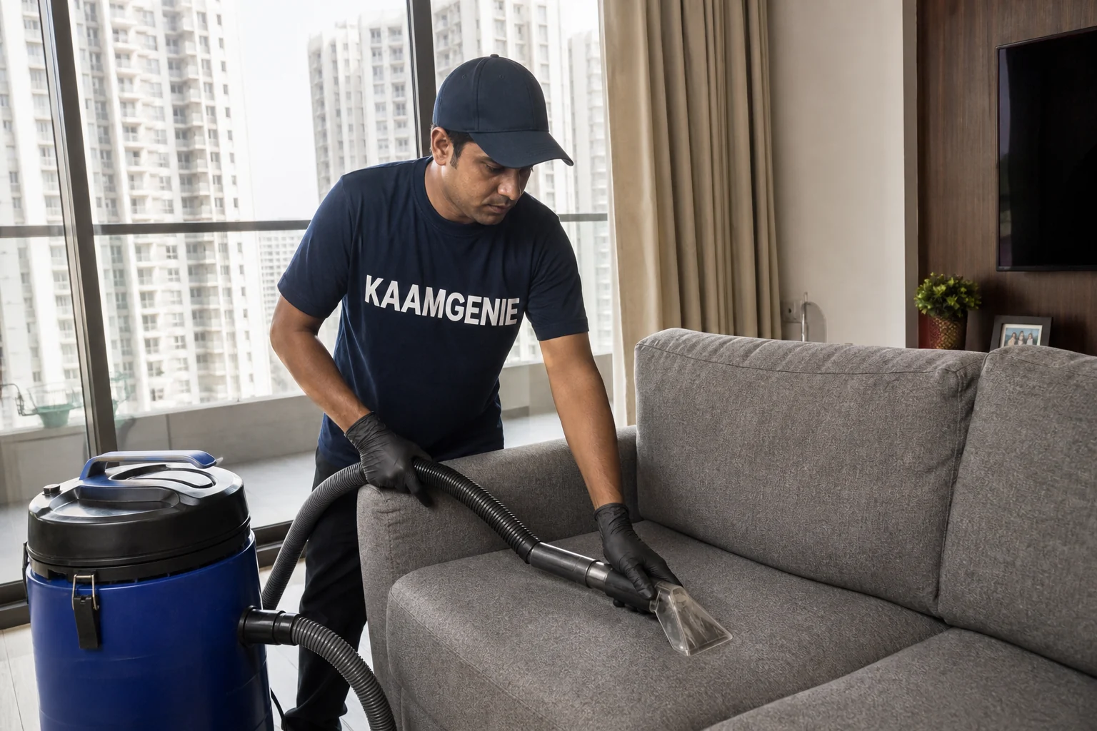 KaamGenie crew cleaning a fabric sofa at a Vasant Kunj home in Delhi