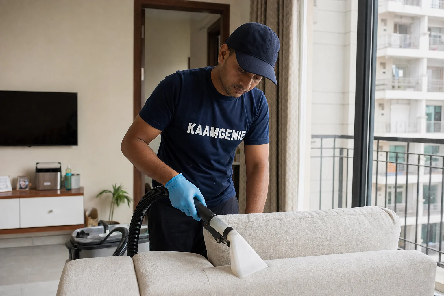 KaamGenie crew cleaning a fabric sofa at a Noida home