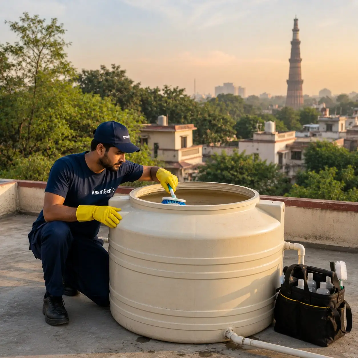 KaamGenie crew cleaning a water tank on a South Delhi rooftop