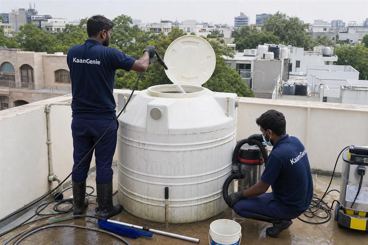 KaamGenie crew cleaning a water tank in South Extension, Delhi
