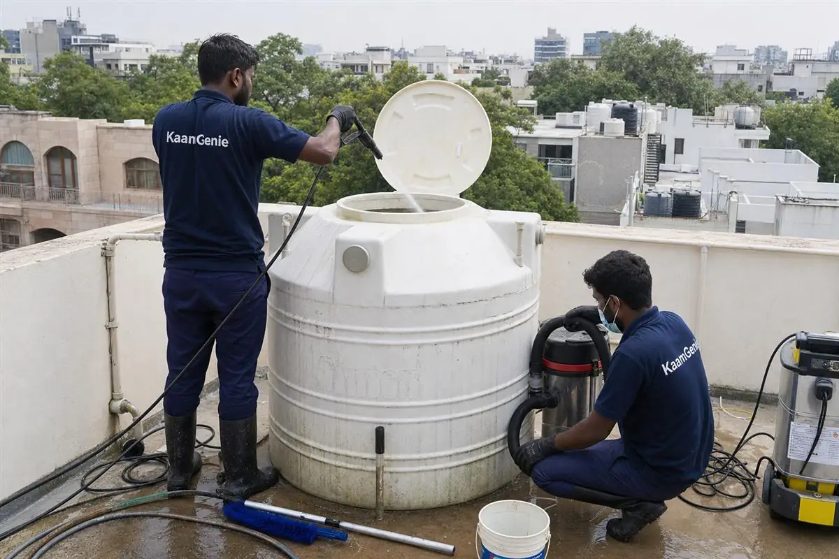 KaamGenie crew cleaning a water tank in South Extension, Delhi