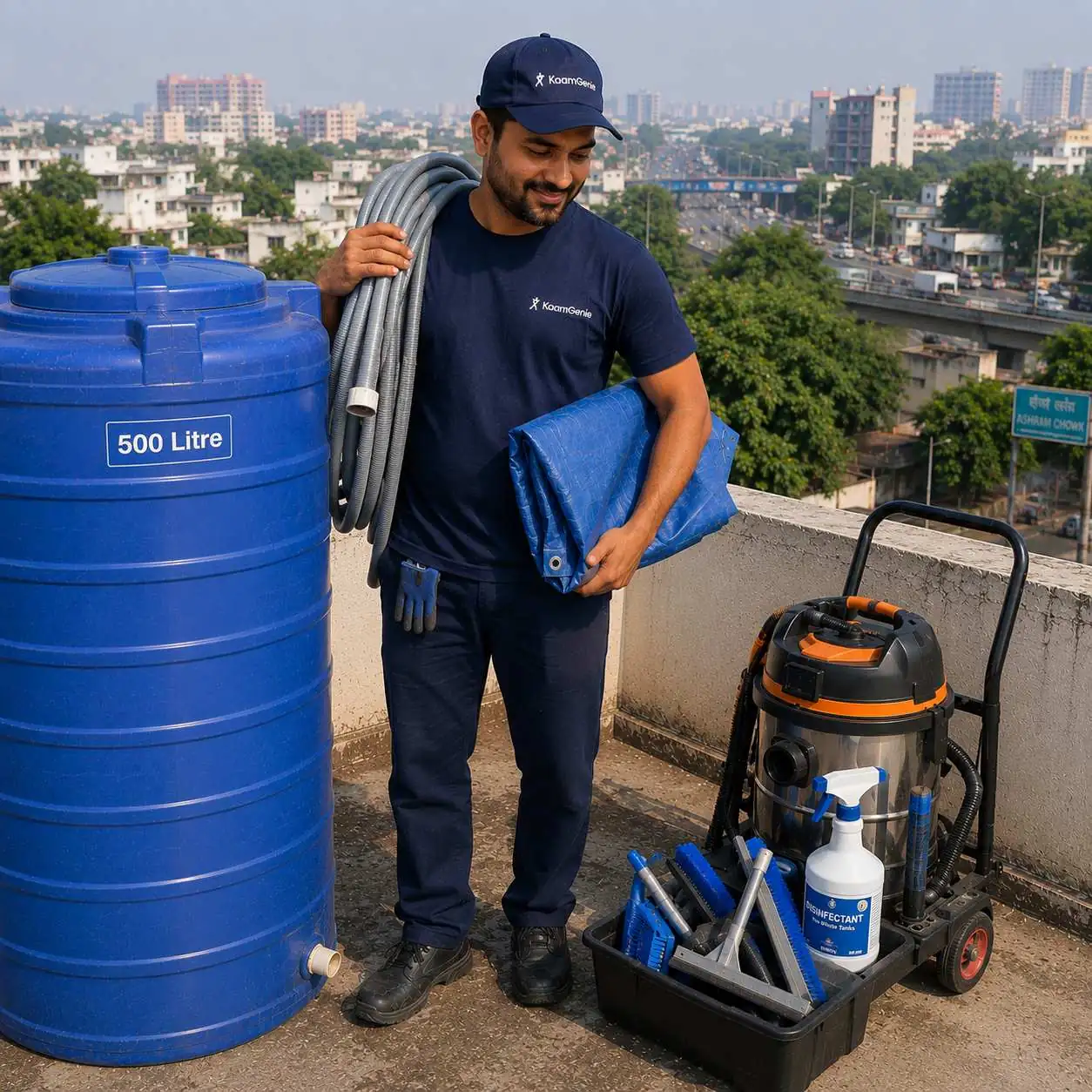 KaamGenie crew cleaning an overhead water tank on a Sriniwaspuri rooftop in South Delhi