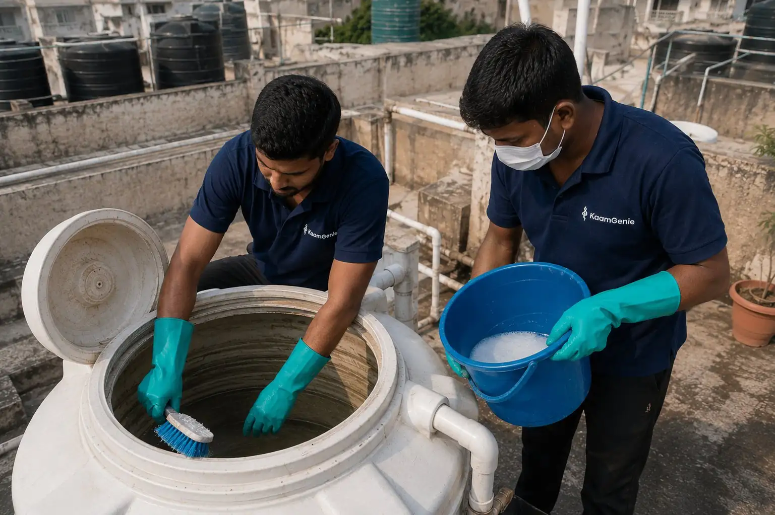 KaamGenie crew manually scrubbing the inside of a plastic water tank with a food-grade brush on a Delhi rooftop while a second crew member holds the soap-water bucket