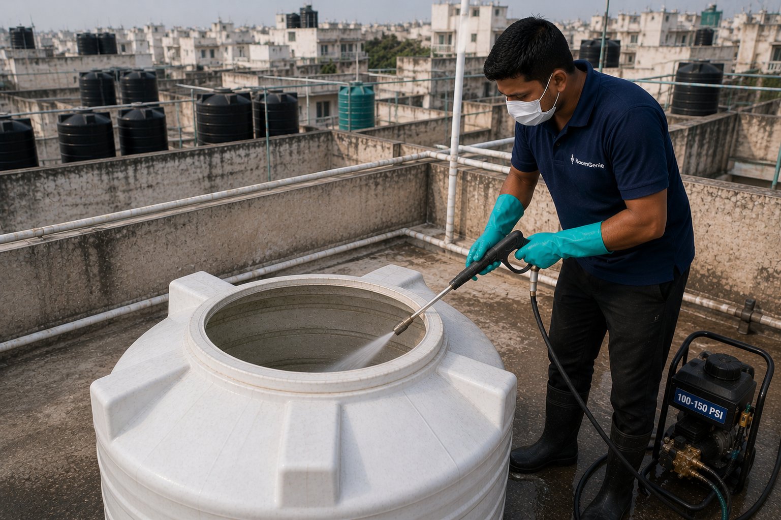 KaamGenie crew using a 100-150 PSI high-pressure jet wash machine to clean the inside of a plastic water tank on a Delhi rooftop with many other tanks visible in the background