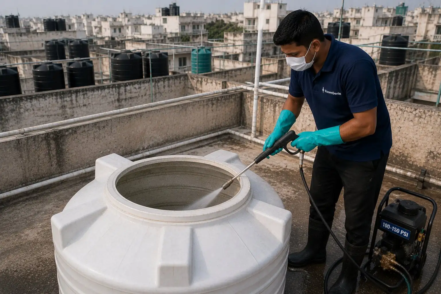 KaamGenie crew using a 100-150 PSI high-pressure jet wash machine to clean the inside of a plastic water tank on a Delhi rooftop with many other tanks visible in the background