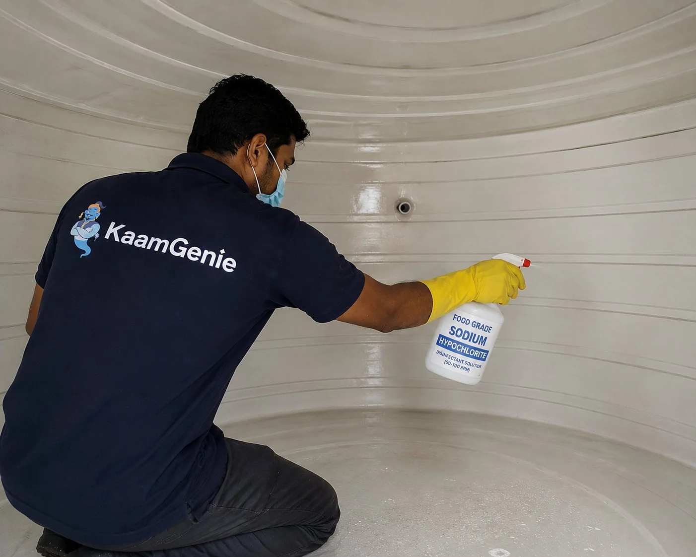 KaamGenie crew member spraying food-grade sodium hypochlorite disinfectant (50-100 PPM) inside a freshly cleaned plastic water tank
