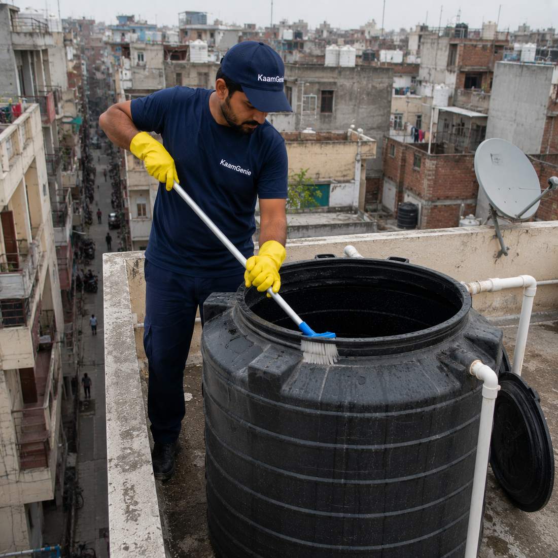 KaamGenie crew cleaning a water tank in Subhash Nagar, West Delhi