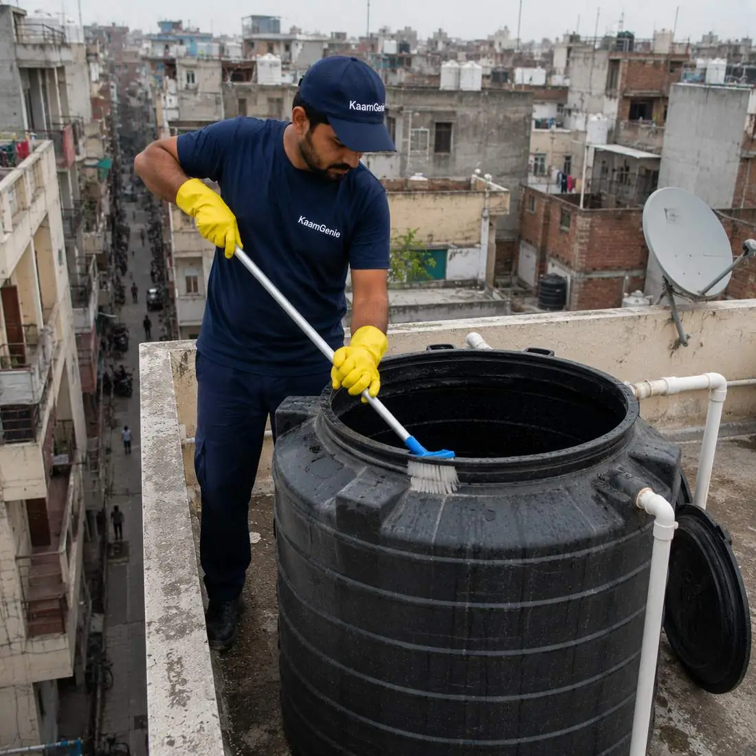 KaamGenie crew cleaning a water tank in Subhash Nagar, West Delhi