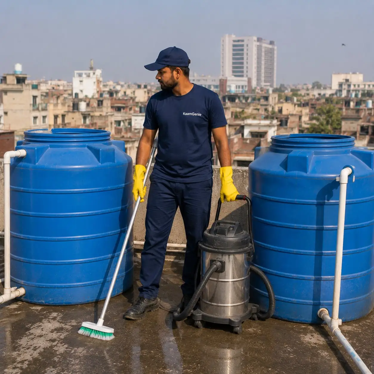 KaamGenie crew member with cleaning equipment between two overhead water tanks on a Sukhdev Vihar Pocket B building rooftop
