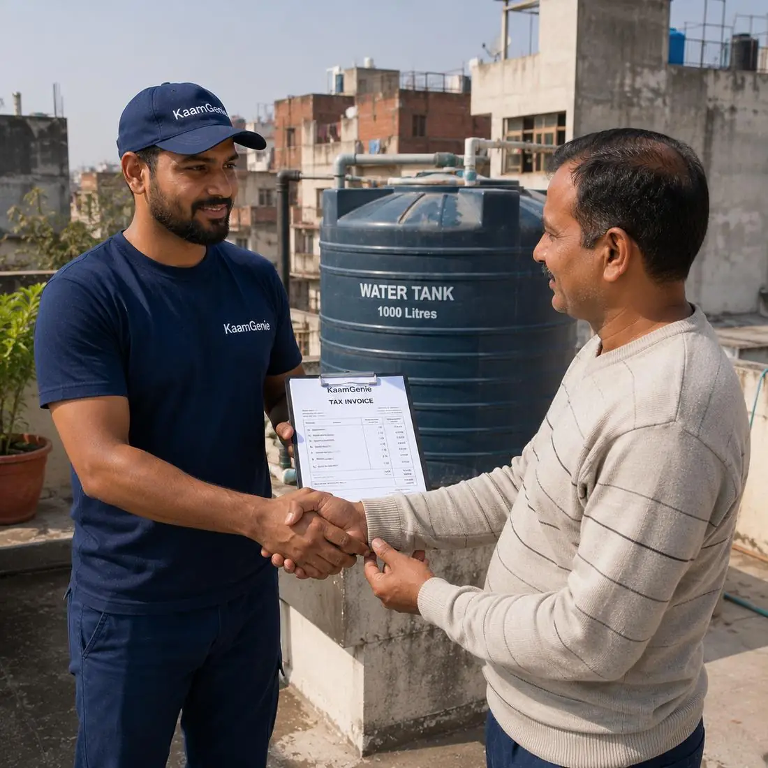 KaamGenie crew cleaning a water tank in Sultanpuri, West Delhi