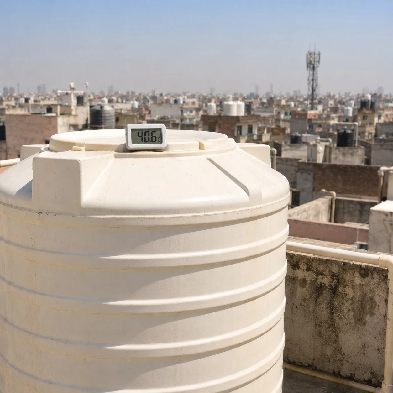 A 1000L plastic overhead water tank on a Delhi rooftop in peak summer with a digital thermometer on top reading 40.6°C, heat shimmer rising over the city skyline