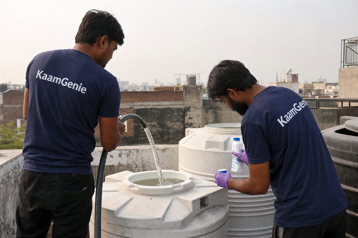 Two KaamGenie crew members in navy shirts refilling and disinfecting a freshly cleaned Delhi water tank before the summer season