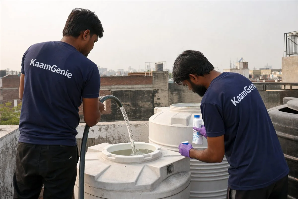 Two KaamGenie crew members in navy shirts refilling and disinfecting a freshly cleaned Delhi water tank before the summer season