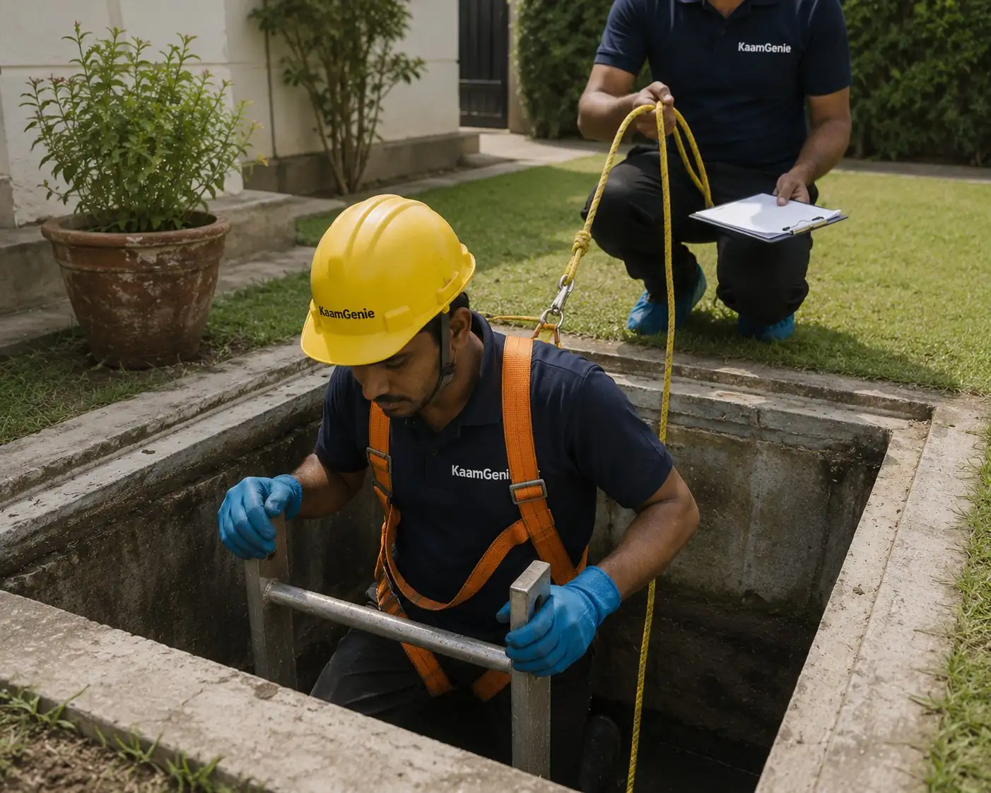 KaamGenie crew member descending into an underground concrete water sump in a Delhi kothi - safety harness, hard hat, and a second crew member at the top holding the lifeline rope