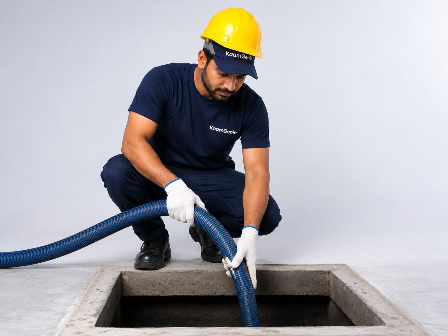 KaamGenie crew member preparing for underground sump cleaning with confined-space safety equipment