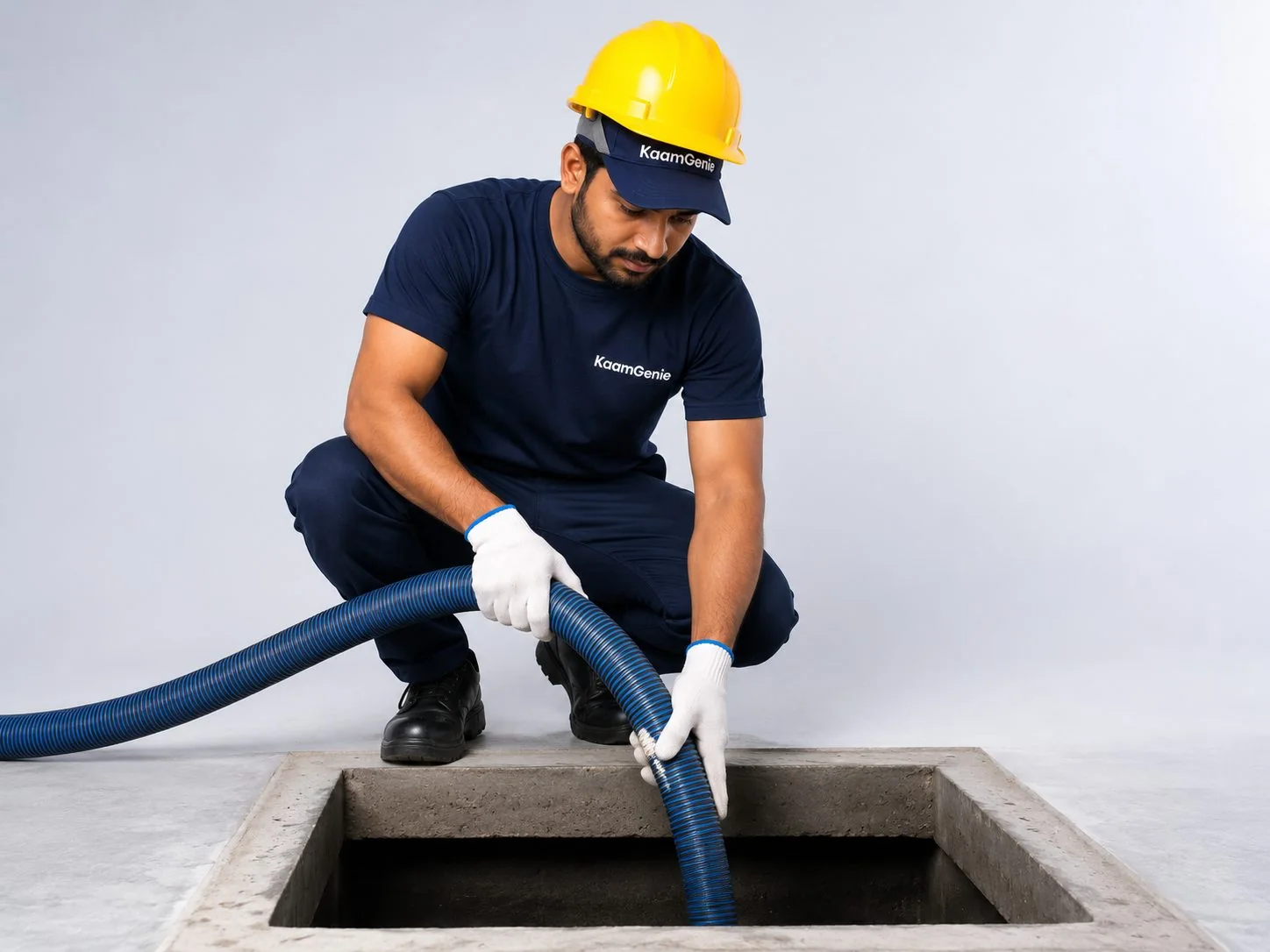 KaamGenie crew member preparing for underground sump cleaning with confined-space safety equipment