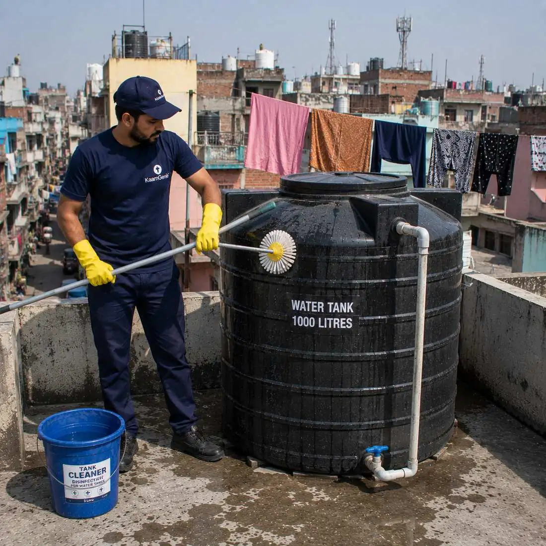 KaamGenie crew cleaning a water tank in Sunder Nagari, East Delhi