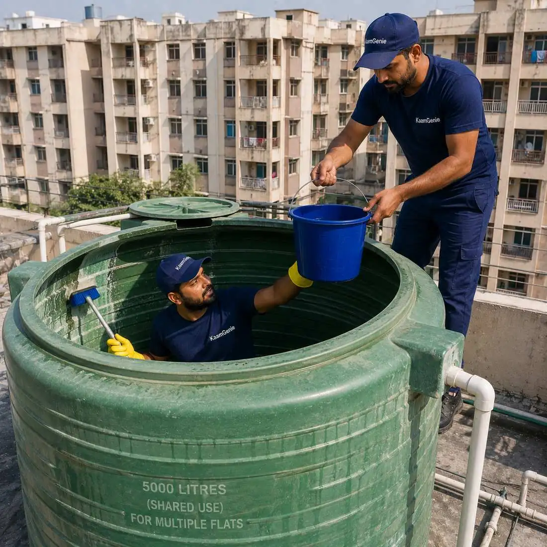 KaamGenie crew cleaning a water tank in Sunder Vihar, West Delhi