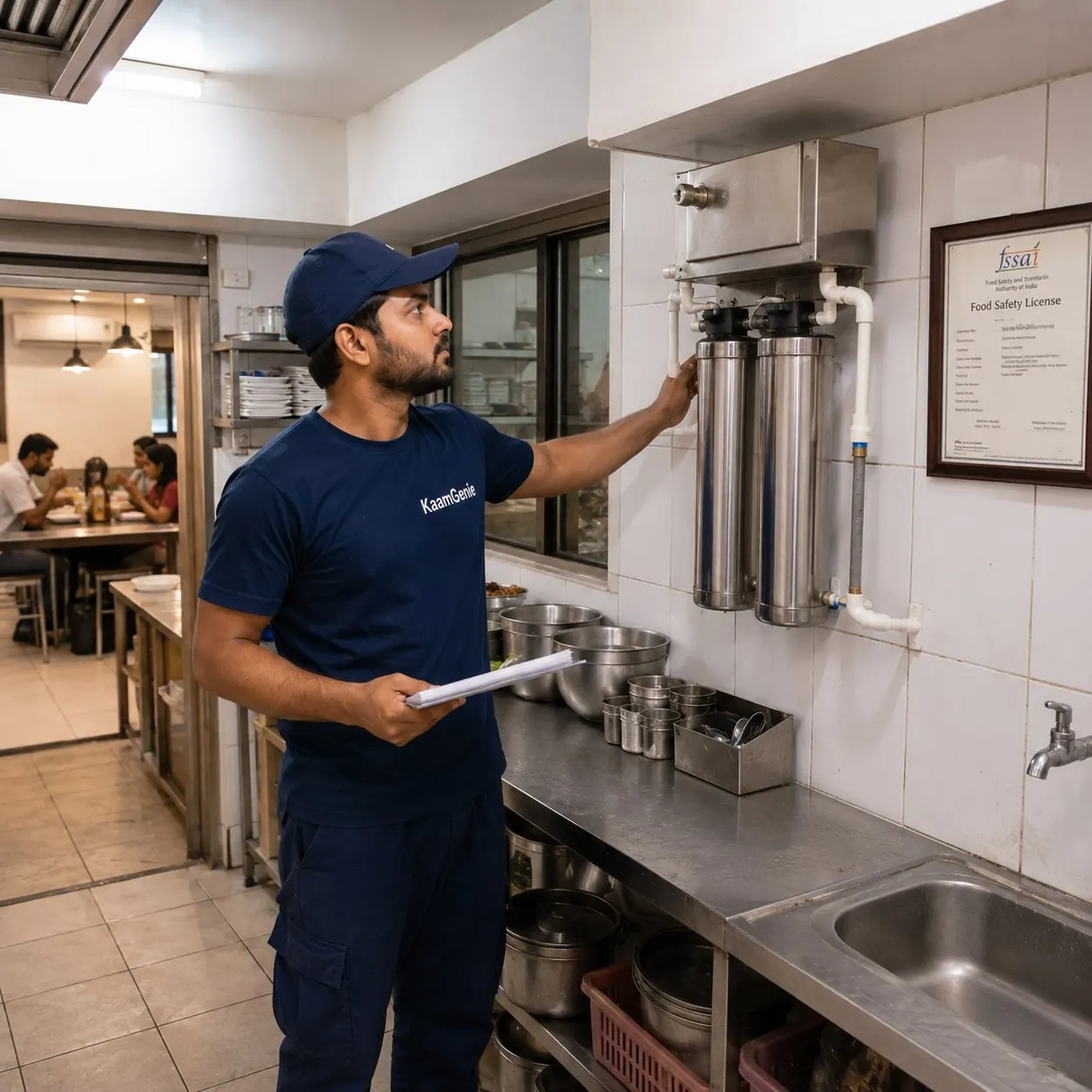KaamGenie crew cleaning a restaurant water tank in Delhi