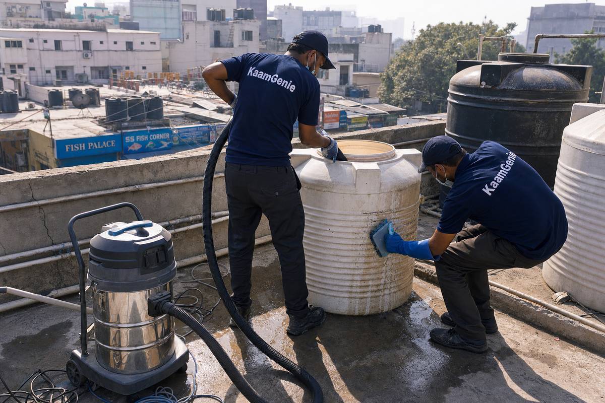 KaamGenie crew cleaning a commercial water tank in CR Park, Delhi