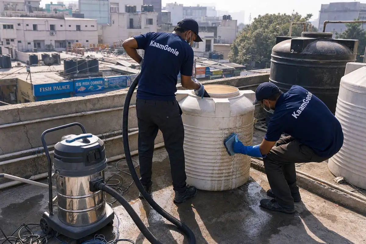 KaamGenie crew cleaning a commercial water tank in CR Park, Delhi