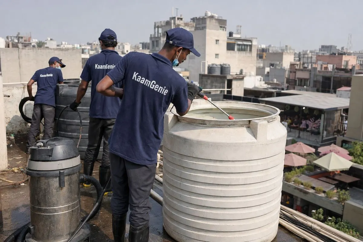 KaamGenie crew cleaning a commercial water tank in Defence Colony, Delhi