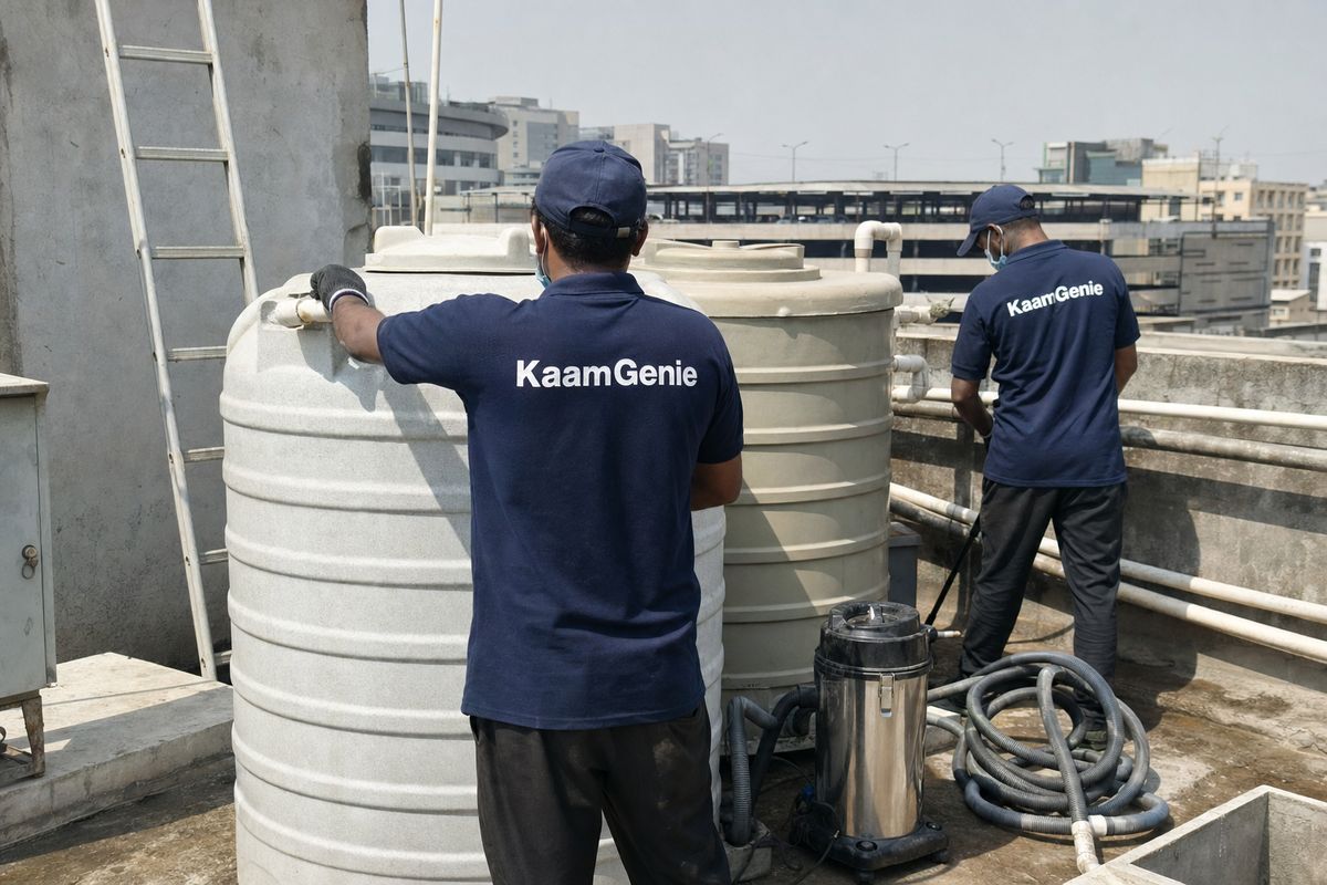 KaamGenie crew cleaning a commercial water tank in Dwarka Sector 14, Delhi