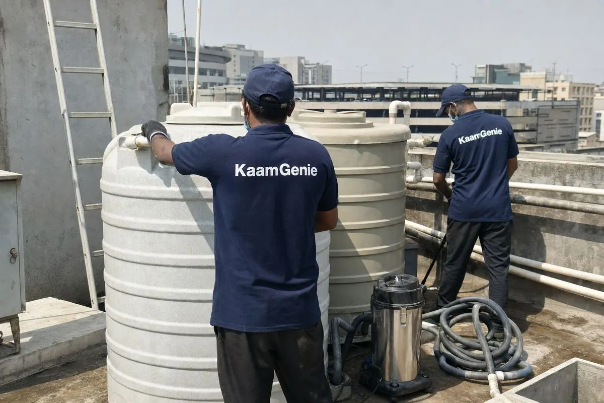 KaamGenie crew cleaning a commercial water tank in Dwarka Sector 14, Delhi