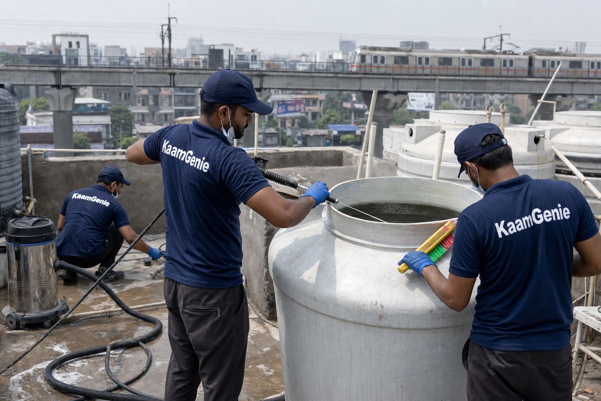 KaamGenie crew cleaning a commercial water tank in Dwarka Sector 21, Delhi