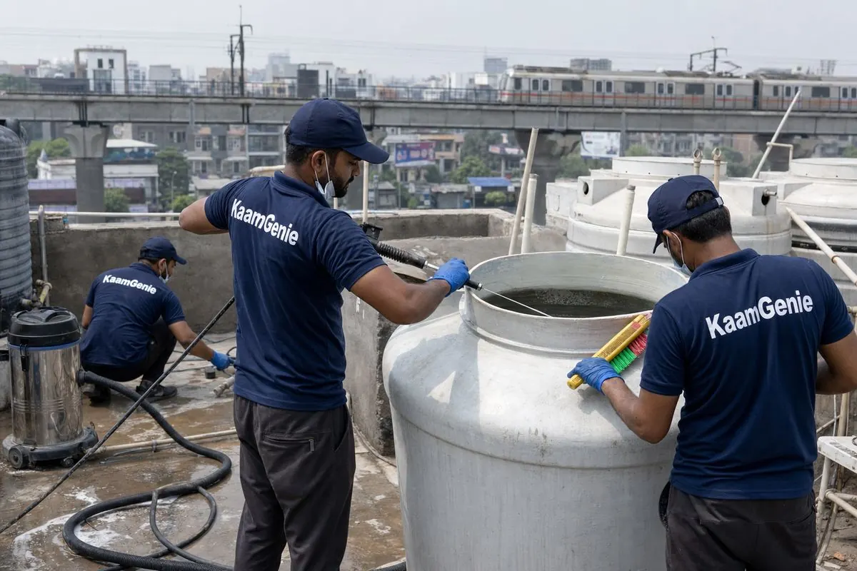KaamGenie crew cleaning a commercial water tank in Dwarka Sector 21, Delhi