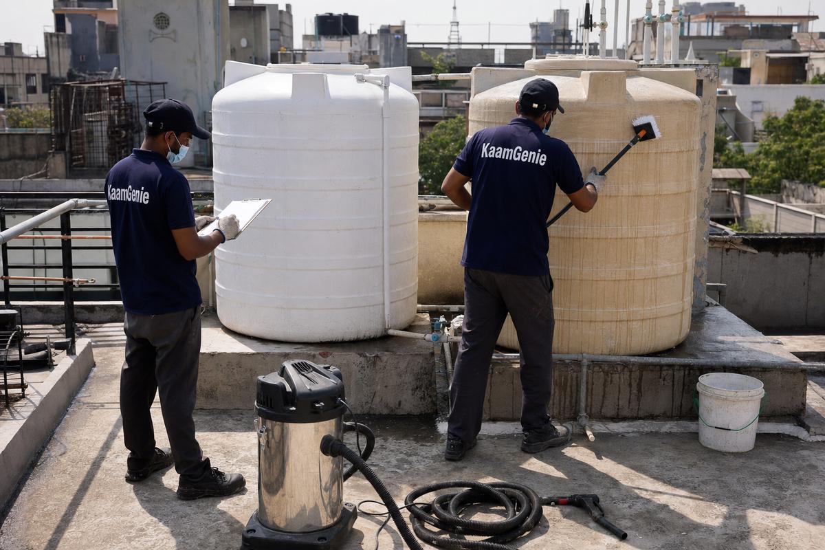 KaamGenie crew cleaning a commercial water tank in Greater Kailash, Delhi