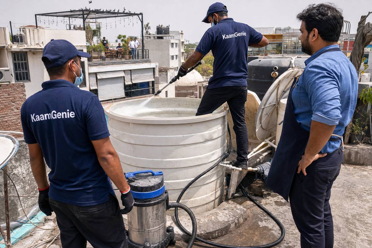 KaamGenie crew cleaning a commercial water tank in Hauz Khas, Delhi