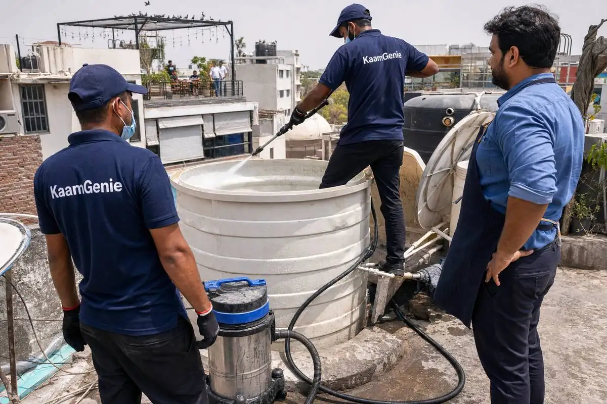 KaamGenie crew cleaning a commercial water tank in Hauz Khas, Delhi