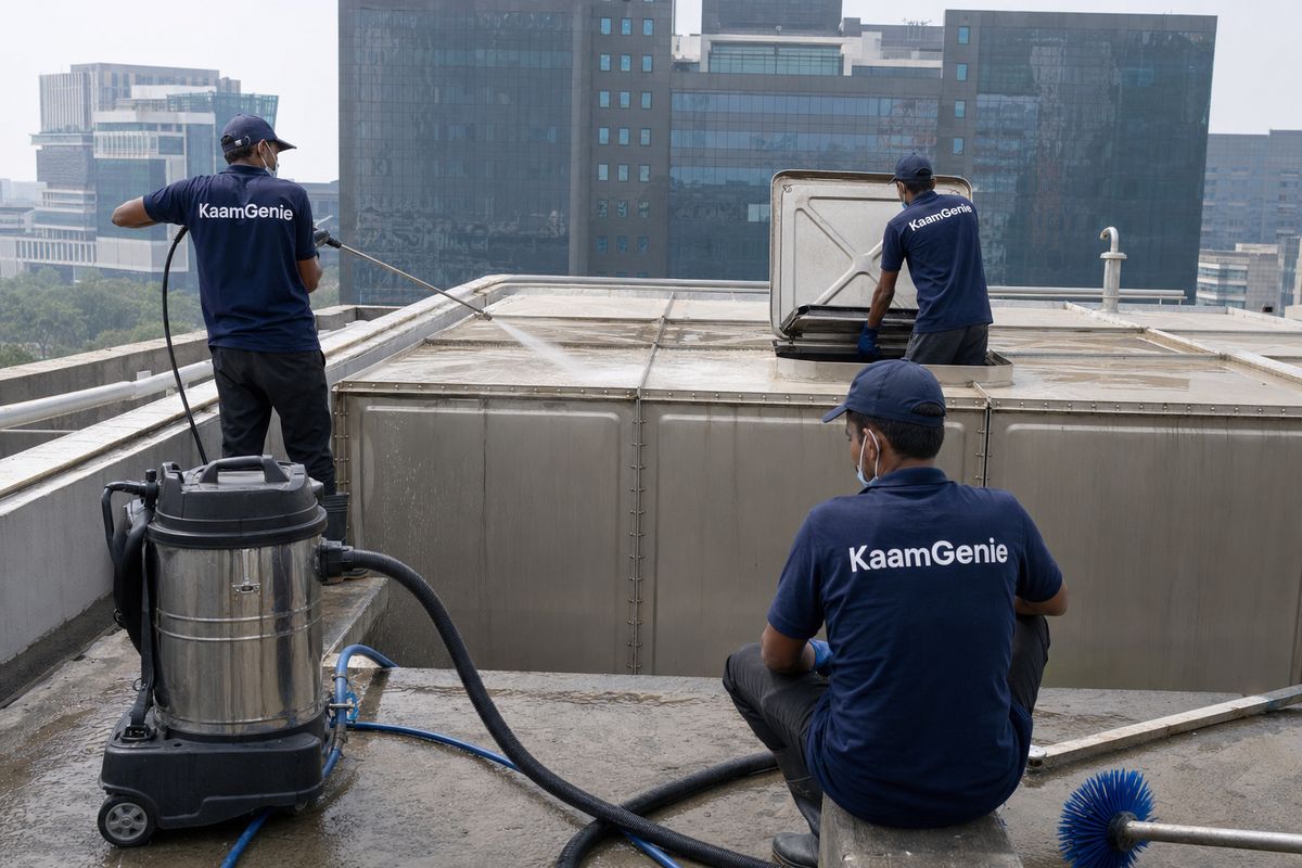 KaamGenie crew cleaning a commercial water tank in Jasola, Delhi