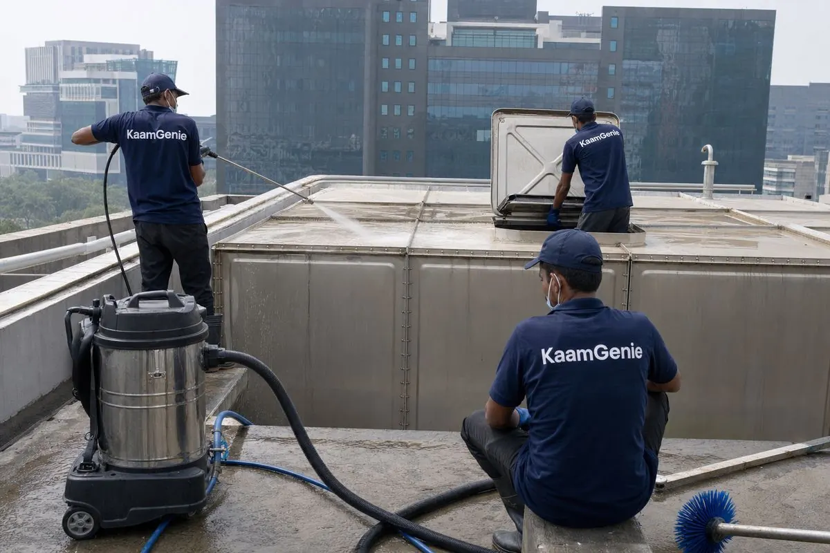 KaamGenie crew cleaning a commercial water tank in Jasola, Delhi