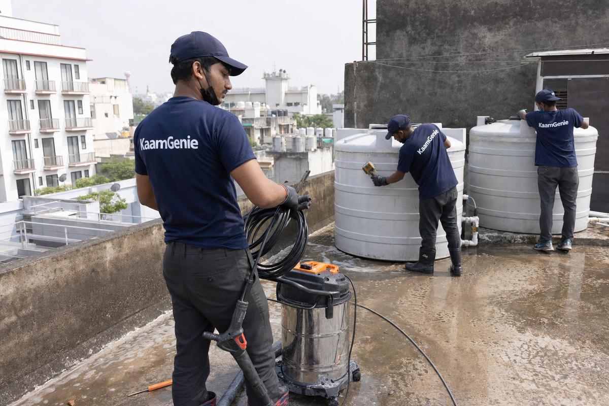 KaamGenie crew cleaning a commercial water tank in Kailash Colony, Delhi