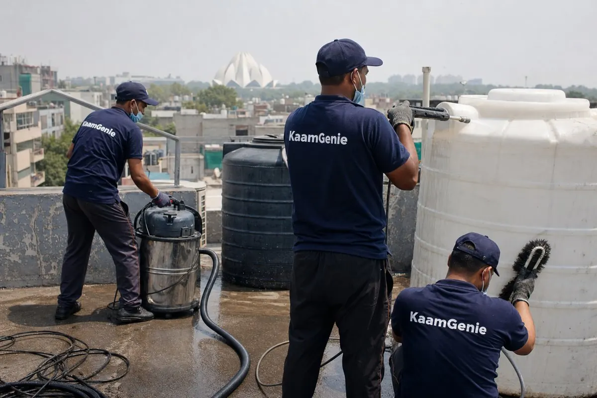 KaamGenie crew cleaning a commercial water tank in Kalkaji, Delhi