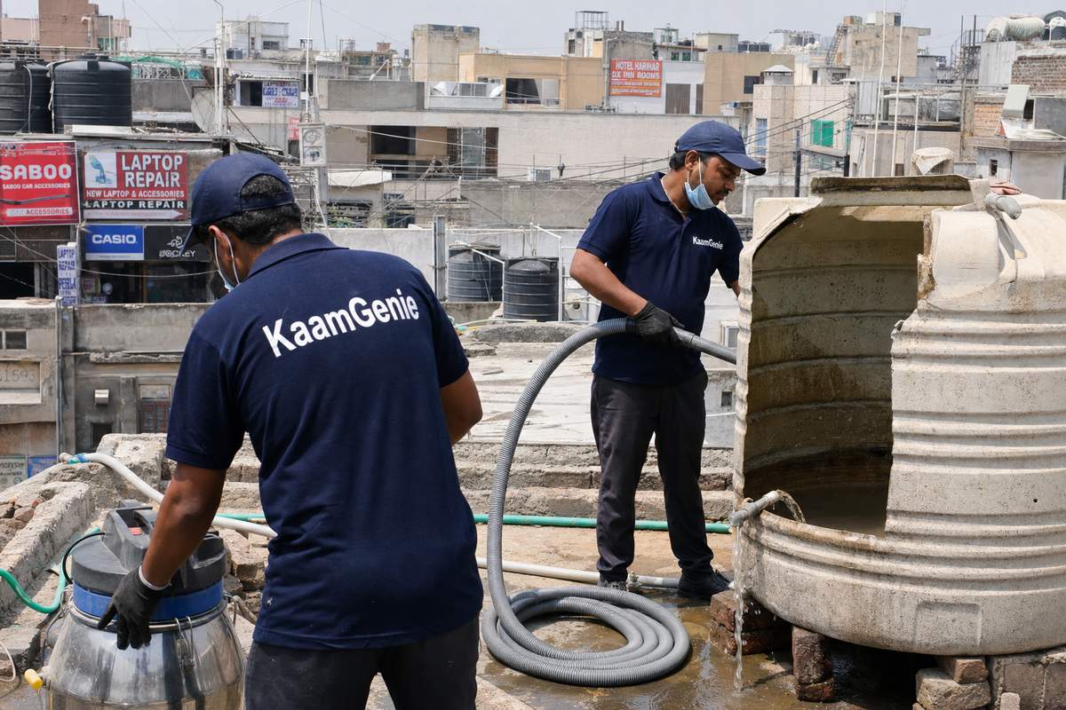 KaamGenie crew cleaning a commercial water tank in Lajpat Nagar, Delhi