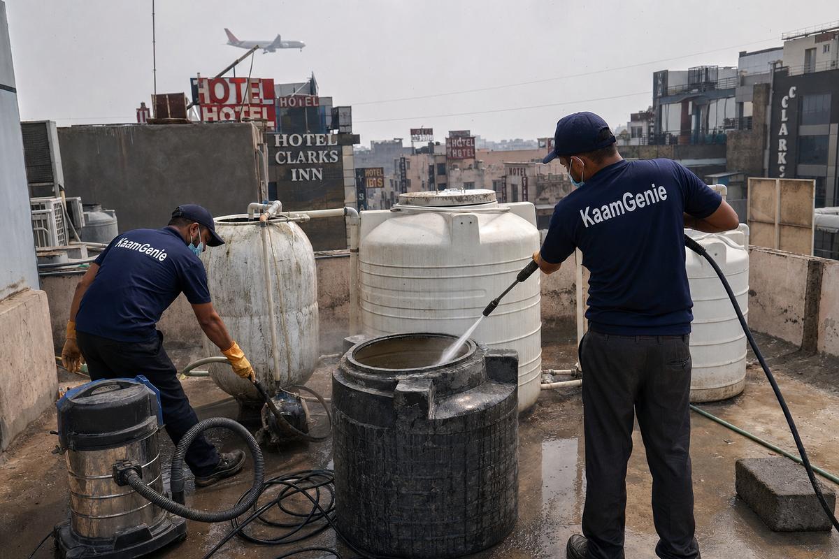 KaamGenie crew cleaning a commercial water tank in Mahipalpur, Delhi